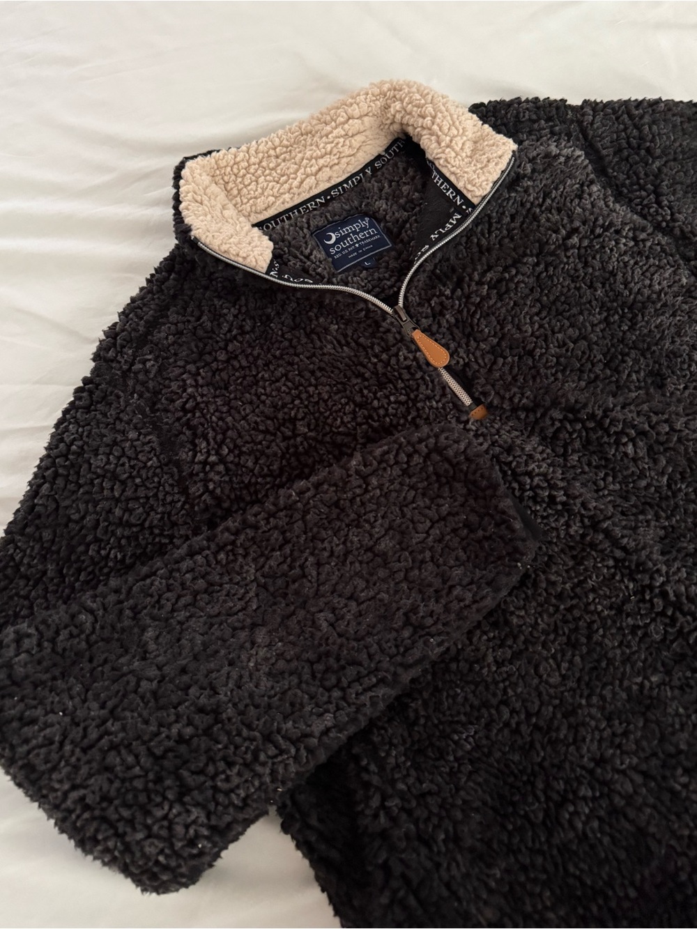 Simply Southern Faux Fur Sherpa Teddy Fleece 1/4 Zip Pullover Gray Women Large